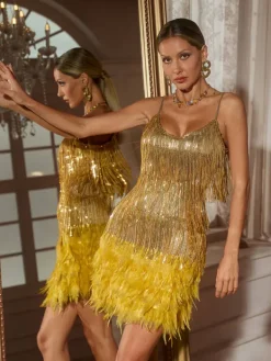 Dresses|Mini Dresses*Mew Mews Fashion Austyn Tassel Feather Mini Dress In Gold