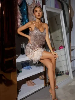 Dresses|Mini Dresses*Mew Mews Fashion Austyn Tassel Feather Mini Dress In Champagne