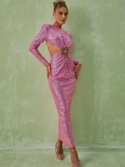 Dresses|Maxi Dresses*Mew Mews Fashion Aviva Long Sleeve Cutout Sequin Maxi Dress In Pink