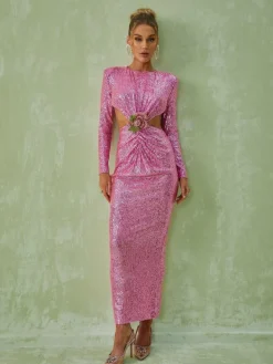 Dresses|Maxi Dresses*Mew Mews Fashion Aviva Long Sleeve Cutout Sequin Maxi Dress In Pink
