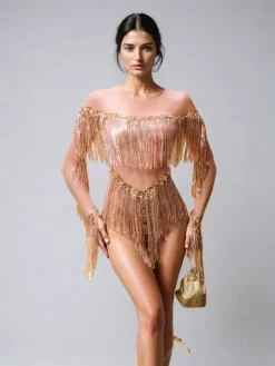Bodysuits|Tops*Jiu Bajia O/S Axiom Long Sleeve Fringe Bodysuit In Nude