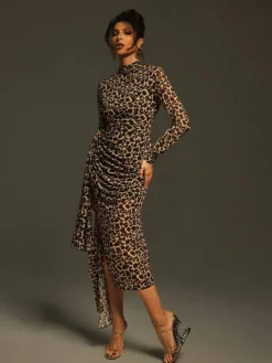 Dresses|Midi Dresses*Mew Mews Fashion Ayam Long Sleeve Leopard Draped Midi Dress