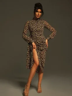 Dresses|Midi Dresses*Mew Mews Fashion Ayam Long Sleeve Leopard Draped Midi Dress