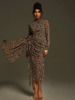 Dresses|Midi Dresses*Mew Mews Fashion Ayam Long Sleeve Leopard Draped Midi Dress