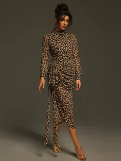 Dresses|Midi Dresses*Mew Mews Fashion Ayam Long Sleeve Leopard Draped Midi Dress