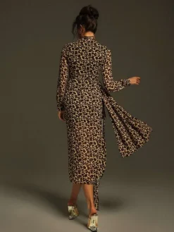 Dresses|Midi Dresses*Mew Mews Fashion Ayam Long Sleeve Leopard Draped Midi Dress