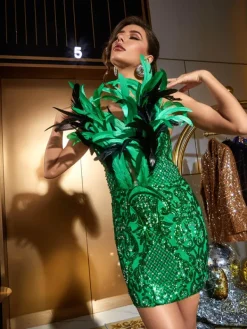 Embellishment|Dresses*Lu Yili Aydin Strapless Sequin Feather Mini Dress
