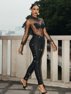 Jumpsuits & Romper|Embellishment*Nuo Fansi Azami Mesh Crystal Jumpsuit In Black