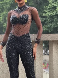 Jumpsuits & Romper|Embellishment*Nuo Fansi Azami Mesh Crystal Jumpsuit In Black