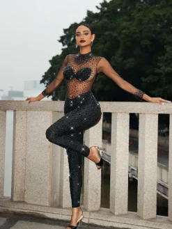 Jumpsuits & Romper|Embellishment*Nuo Fansi Azami Mesh Crystal Jumpsuit In Black