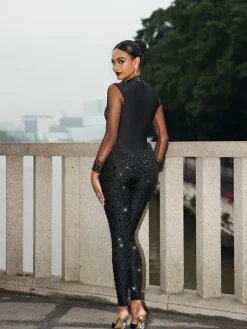Jumpsuits & Romper|Embellishment*Nuo Fansi Azami Mesh Crystal Jumpsuit In Black