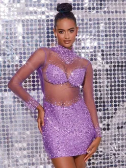 Embellishment|Dresses*Embellishment Azami Mesh Crystal Mini Dress In Purple