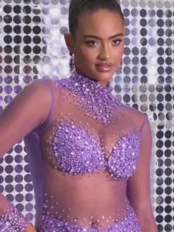Embellishment|Dresses*Embellishment Azami Mesh Crystal Mini Dress In Purple