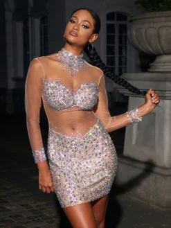Embellishment|Dresses*Embellishment Azami Mesh Crystal Mini Dress In Silver