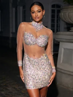Embellishment|Dresses*Embellishment Azami Mesh Crystal Mini Dress In Silver