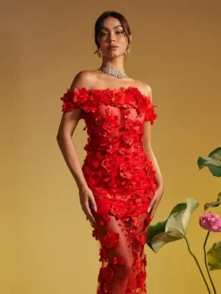 Dresses|Maxi Dresses*Mew Mews Fashion Azizi Off Shoulder Flower Mesh Maxi Dress