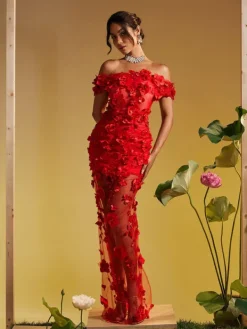 Dresses|Maxi Dresses*Mew Mews Fashion Azizi Off Shoulder Flower Mesh Maxi Dress