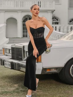 Embellishment|Dresses*Lu Yili Azyria Strapless Split Velvet Maxi Dress