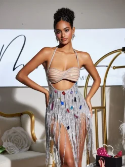 Embellishment|Dresses*Embellishment Bach Halterneck Crystal Chain Fringe Mini Dress