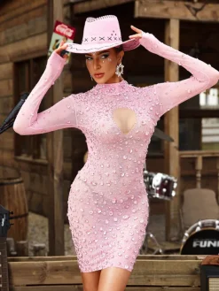 Embellishment|Dresses*Embellishment Baelis Long Sleeve Rhinestone Mesh Mini Dress