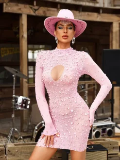 Embellishment|Dresses*Embellishment Baelis Long Sleeve Rhinestone Mesh Mini Dress
