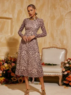 Dresses|Midi Dresses*Mew Mews Fashion Baelorix Long Sleeve Leopard Midi Dress In Brown