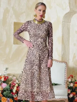 Dresses|Midi Dresses*Mew Mews Fashion Baelorix Long Sleeve Leopard Midi Dress In Brown