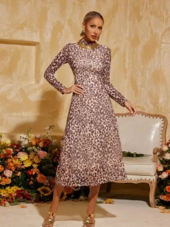 Dresses|Midi Dresses*Mew Mews Fashion Baelorix Long Sleeve Leopard Midi Dress In Brown