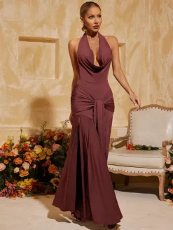 Dresses|Maxi Dresses*Mew Mews Fashion Baelthar Cowl Neck Ruched Split Maxi Dress