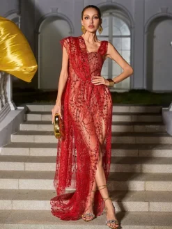 Dresses|Maxi Dresses*Mew Mews Fashion Bailee Split Sequin Maxi Dress In Red