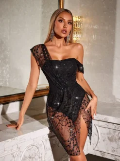 Dresses|Mini Dresses*Mew Mews Fashion Bailee Split Sequin Mini Dress In Black