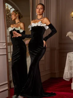 Dresses|Maxi Dresses*Mew Mews Fashion Bakir Off Shoulder Bow Flower Velvet Maxi Dress
