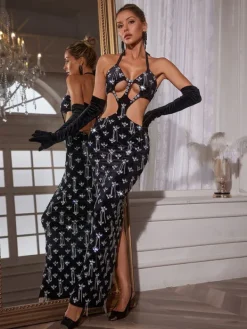 Embellishment|Dresses*Nuo Fansi Banjo Rhinestone Cutout Maxi Dress With Gloves