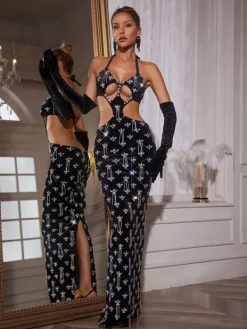 Embellishment|Dresses*Nuo Fansi Banjo Rhinestone Cutout Maxi Dress With Gloves