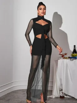 Dresses|Maxi Dresses*Mew Mews Fashion Bedelia Long Sleeve Cutout Mesh Maxi Dress In Black