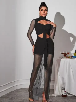 Dresses|Maxi Dresses*Mew Mews Fashion Bedelia Long Sleeve Cutout Mesh Maxi Dress In Black