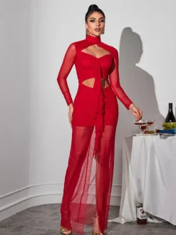 Dresses|Maxi Dresses*Mew Mews Fashion Bedelia Long Sleeve Cutout Mesh Maxi Dress