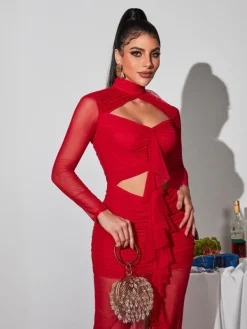 Dresses|Maxi Dresses*Mew Mews Fashion Bedelia Long Sleeve Cutout Mesh Maxi Dress