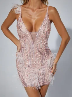 Dresses|Mini Dresses*Mew Mews Fashion Bella Feather Bodycon Mini Dress In Pink