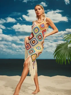 Cover-ups|Swimwear*Mew Mews Fashion O/S Belva Spaghetti Knitted Fringe Midi Dress