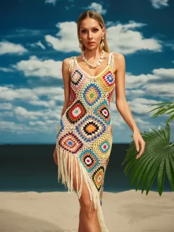 Cover-ups|Swimwear*Mew Mews Fashion O/S Belva Spaghetti Knitted Fringe Midi Dress