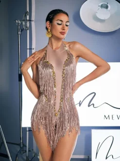 Bodysuits|Tops*Embellishment O/S Benicio Halterneck Fringe Sequin Bodysuit