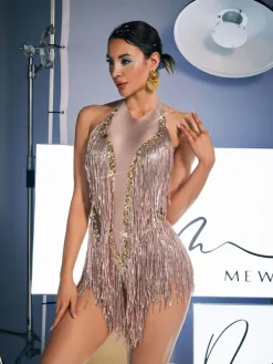 Bodysuits|Tops*Embellishment O/S Benicio Halterneck Fringe Sequin Bodysuit