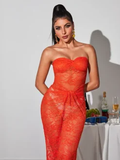 Dresses|Maxi Dresses*Mew Mews Fashion Benjamen Strapless Ruched Lace Maxi Dress