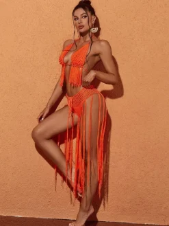Bikini Sets|Swimwear*Mew Mews Fashion Berlin Knit Fringe Bikini Two Piece Set In Orange