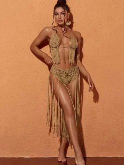 Bikini Sets|Swimwear*Mew Mews Fashion Berlin Knit Fringe Bikini Two Piece Set In Brown