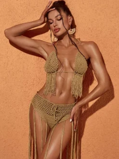 Bikini Sets|Swimwear*Mew Mews Fashion Berlin Knit Fringe Bikini Two Piece Set In Brown