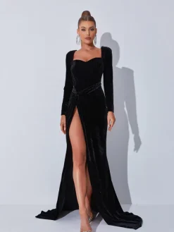 Dresses|Maxi Dresses*Mew Mews Fashion Bernice Long Sleeve Gloves Velvet Maxi Dress In Black