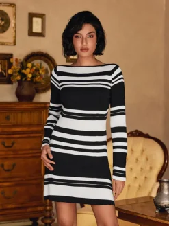 Dresses|Mini Dresses*Mew Mews Fashion Bertin Long Sleeve Stripe Knitted Mini Dress