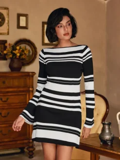 Dresses|Mini Dresses*Mew Mews Fashion Bertin Long Sleeve Stripe Knitted Mini Dress